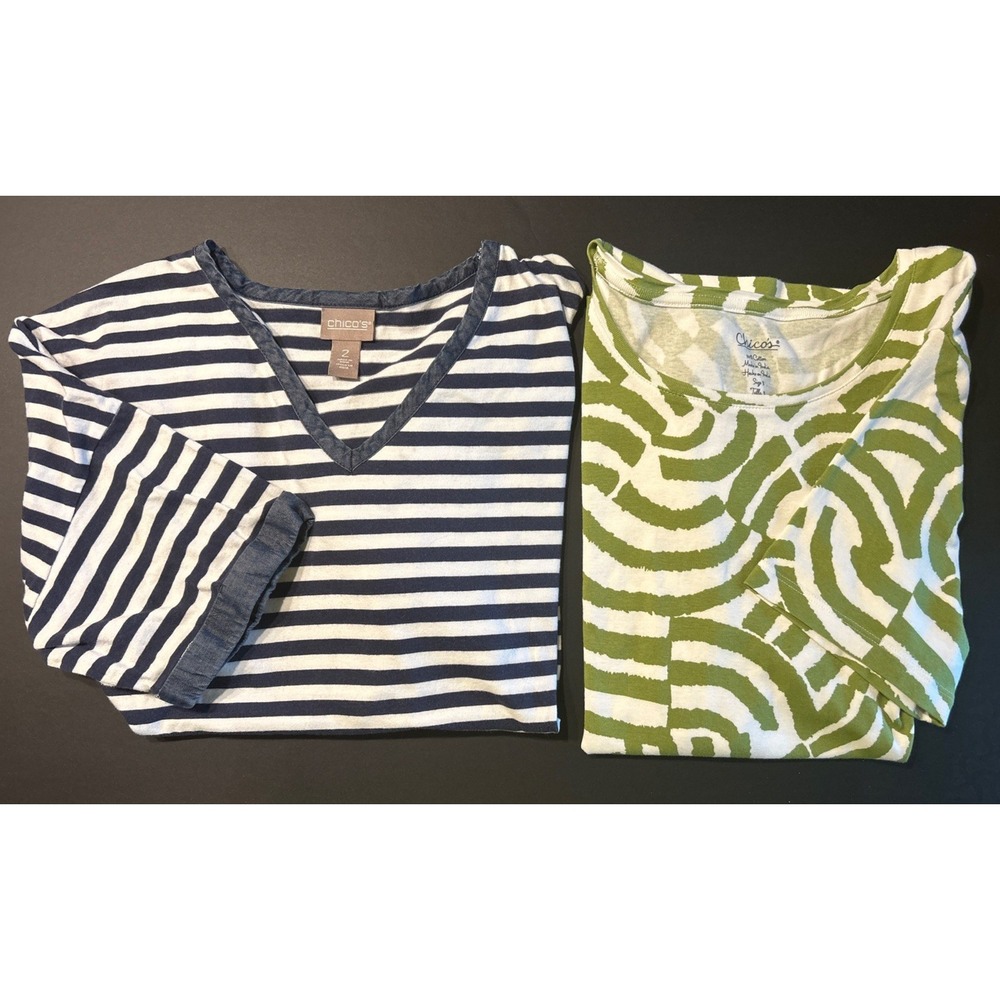 Lot Of 2 Chicos Tops Womens Size 2 & 3 Cotton Casual Tee Shirt Short Sleeves